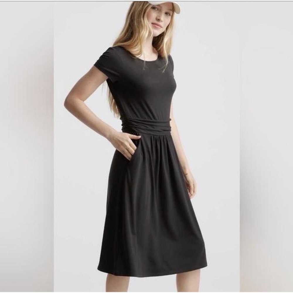 Quince Womens M Tencel Jersey Runched Waist Dress Black Classic Stretch Casual